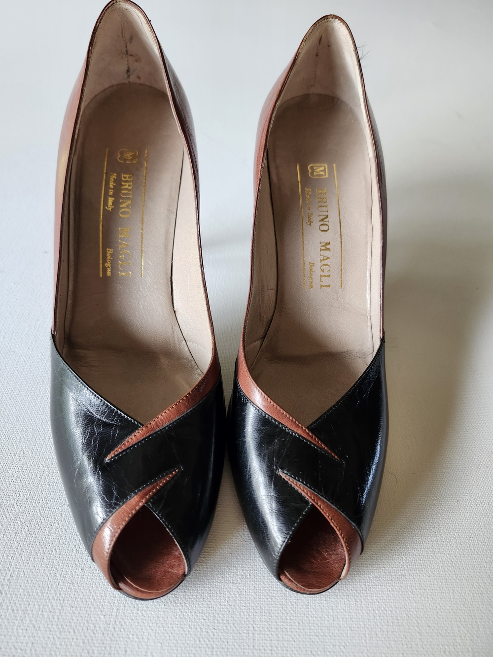 Bruno Magli Black and Brown Peep-Toe Leather Pumps